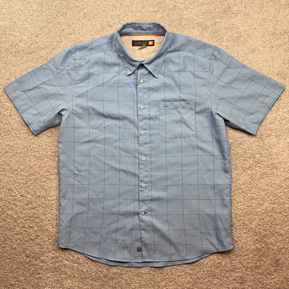 Quiksilver Waterman Collection Mens Large Blue Plaid Short Sleeve Button Up